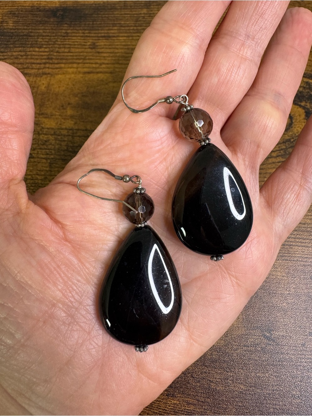 Black Agate Teardrop & Smoky Quartz Sterling Silver Earrings - Dark Academia